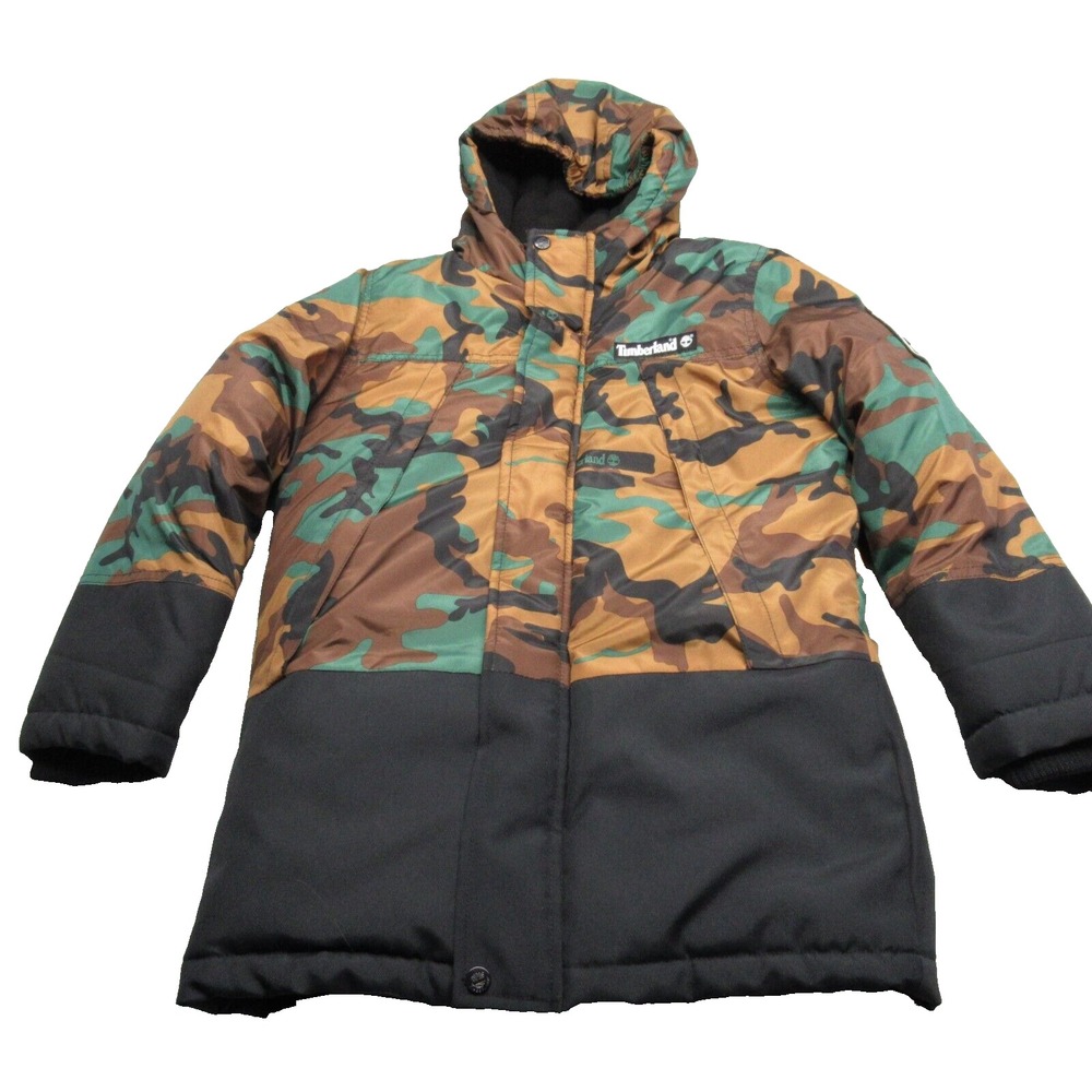 Timberland Jacket Boys Small Black Camouflage Heavyweight Hooded Parka Outwear